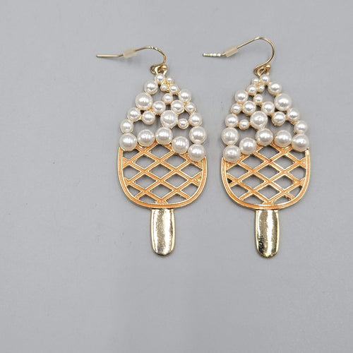 Dessert Ice Cream Bar Pierced Earrings Gold tone Dangle Faux Pearl 2.25"