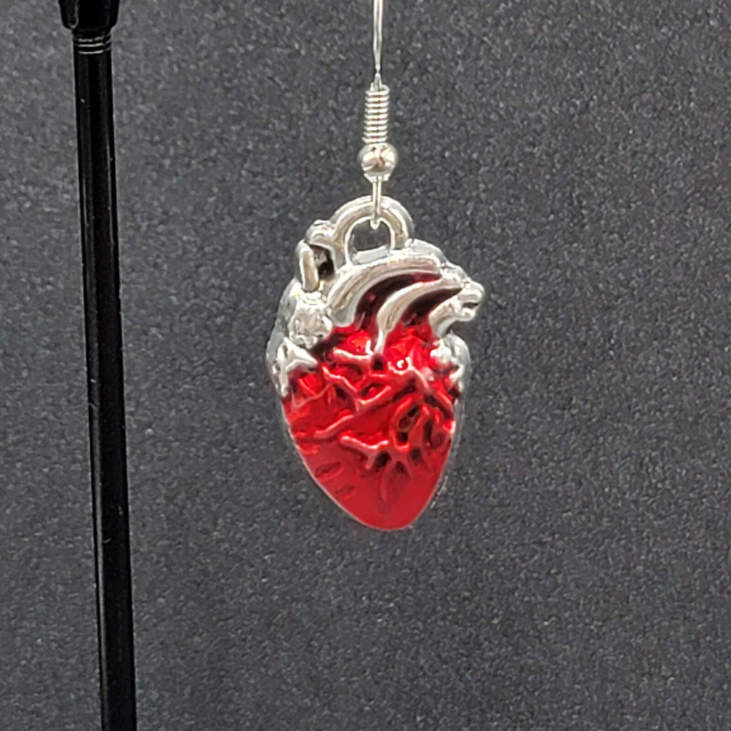 New Anatomical Heart Pierced Earrings Silver tone Red Goth Rock Dangle 1"