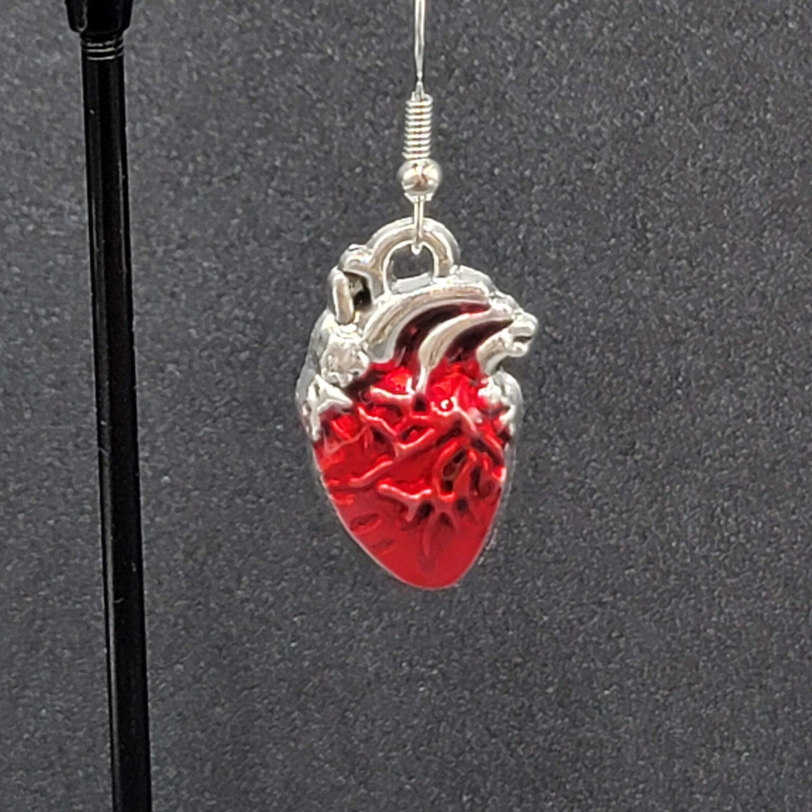 New Anatomical Heart Pierced Earrings Silver tone Red Goth Rock Dangle 1"