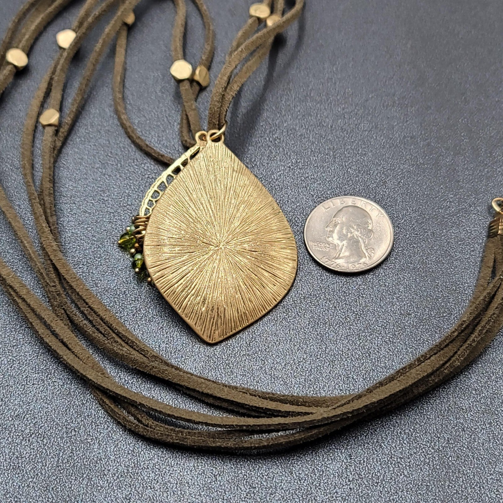 Long Statement Necklace Green Suede Triple Cord Gold tone Pendant 54"