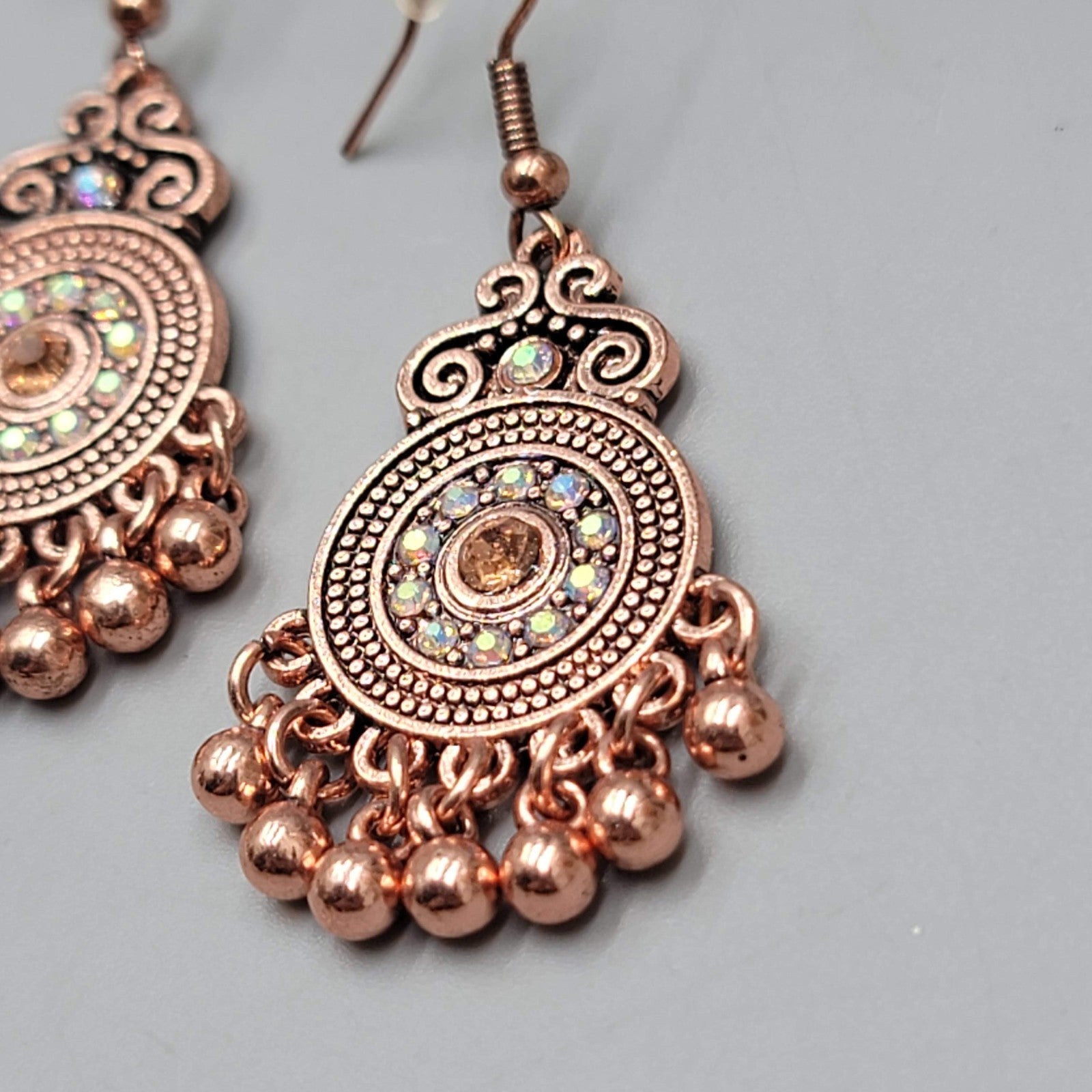 Copper tone Chandelier Pierced Earrings AB Rhinestone Dangle 1.25"