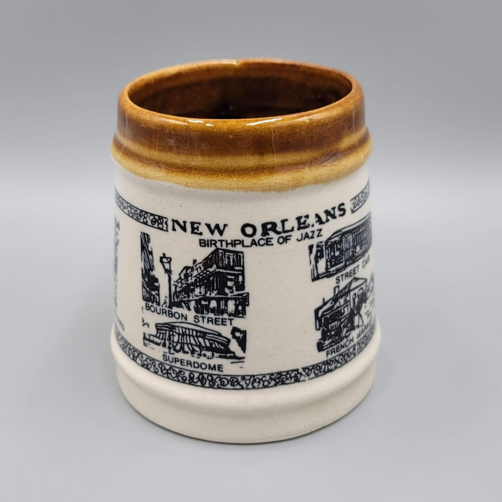 Vintage New Orleans CoffeeMug Brown Glaze Souvenir Landmarks Bourbon Street Jazz