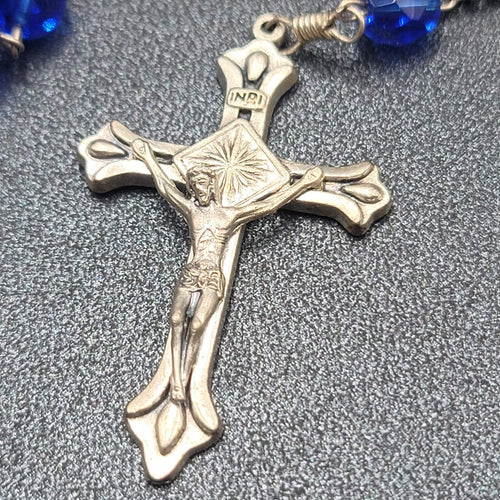 Blue Faceted Bead Catholic Rosary Crucifix Silver tone