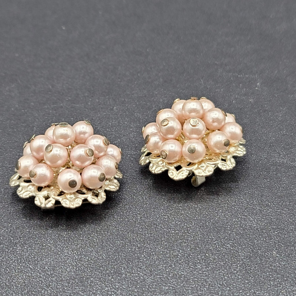 Vintage Brooch Faux Pink Pearl Gold Tone Large Cluster Bead Lot of 2