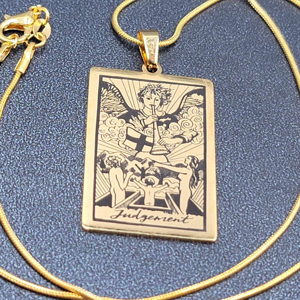 JUDGEMENT Tarot Card Pendant Necklace Major Arcana Gold tone 18”.