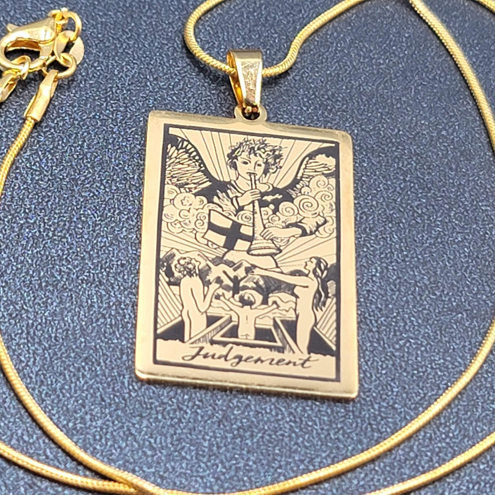 JUDGEMENT Tarot Card Pendant Necklace Major Arcana Gold tone 18”.