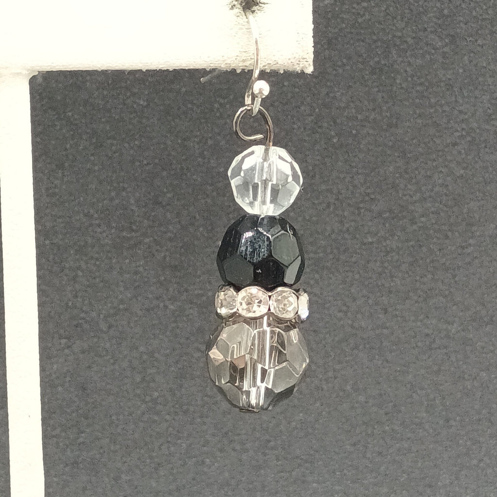Pierced Earrings Faceted Glass Beaded Silver tone Rhinestone Dangle 1 1/4"