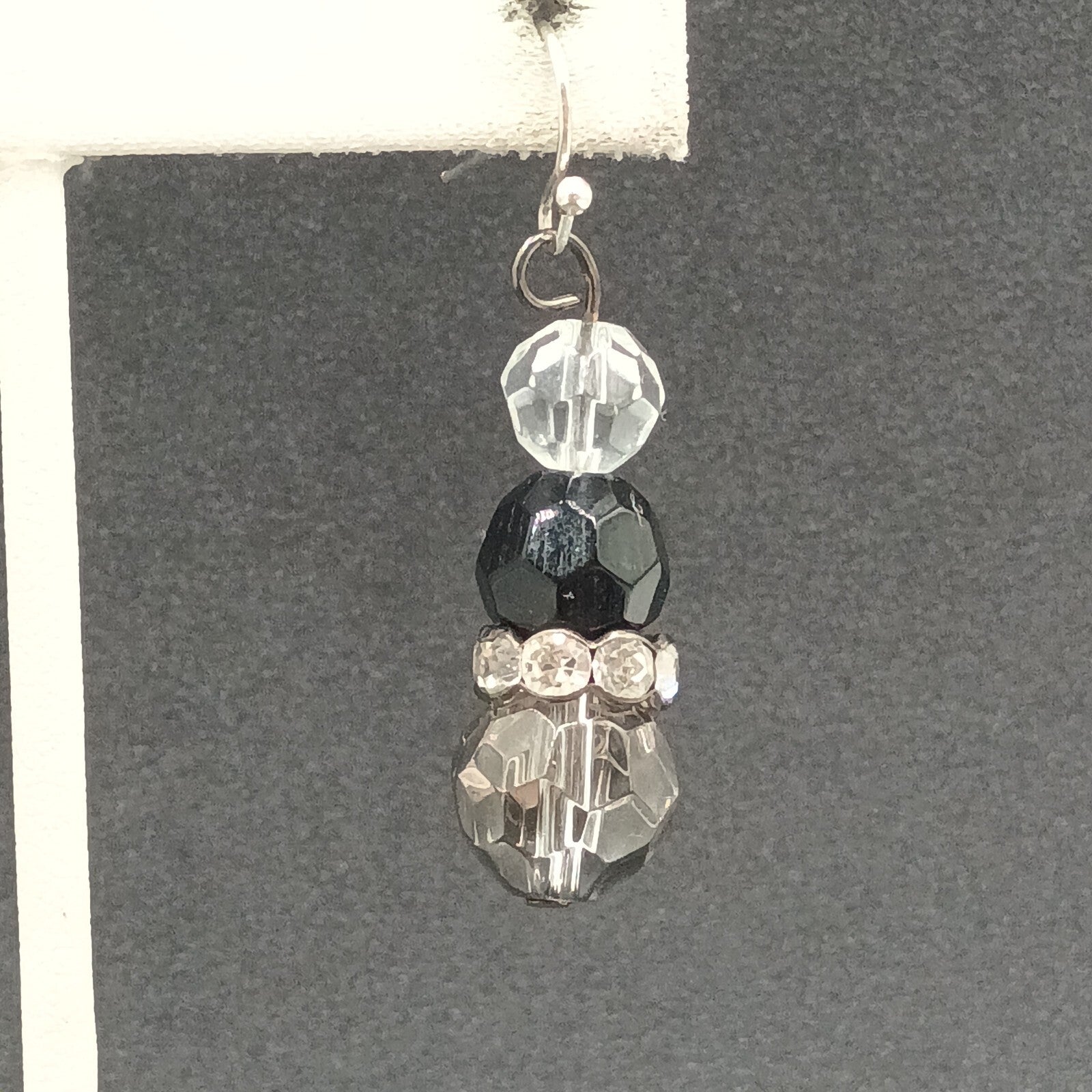 Pierced Earrings Faceted Glass Beaded Silver tone Rhinestone Dangle 1 1/4"