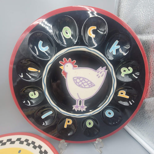 2 COCKADOODLE! Becky Denny Deviled Egg Platter Tray 12" Chicken SOUTHERN LIVING