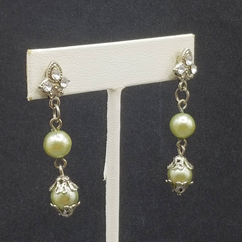 AVON Pierced Earrings Silver tone Capped Green Bead Dangle 1.75"