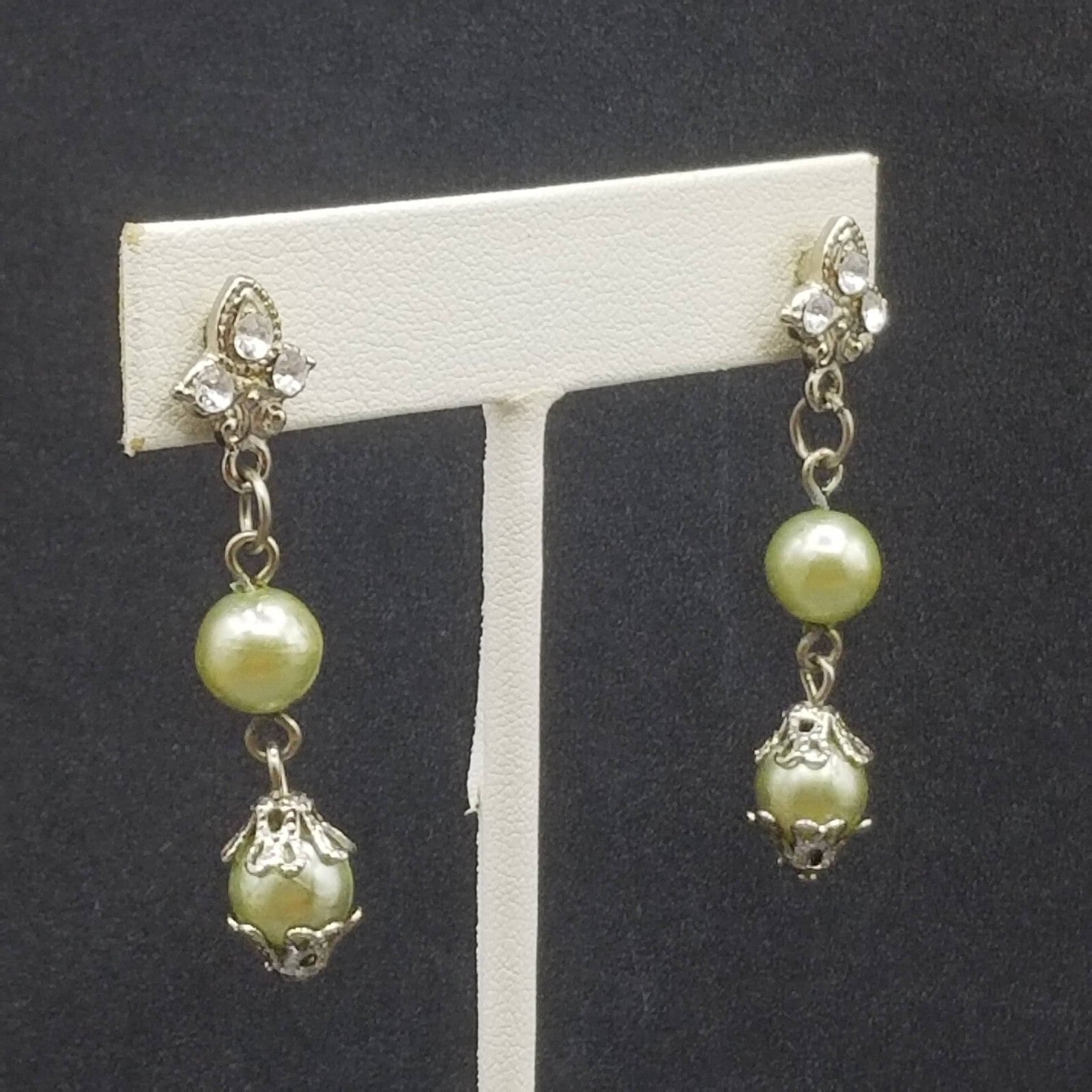AVON Pierced Earrings Silver tone Capped Green Bead Dangle 1.75"