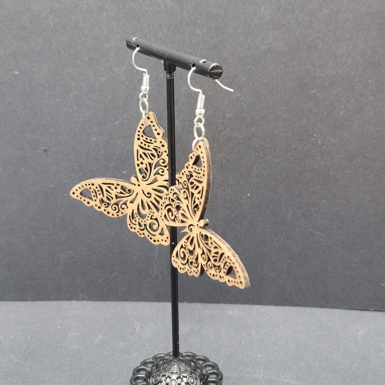Butterfly Pierced Earrings Wood Cut Open Work Dangle 1 5/8"