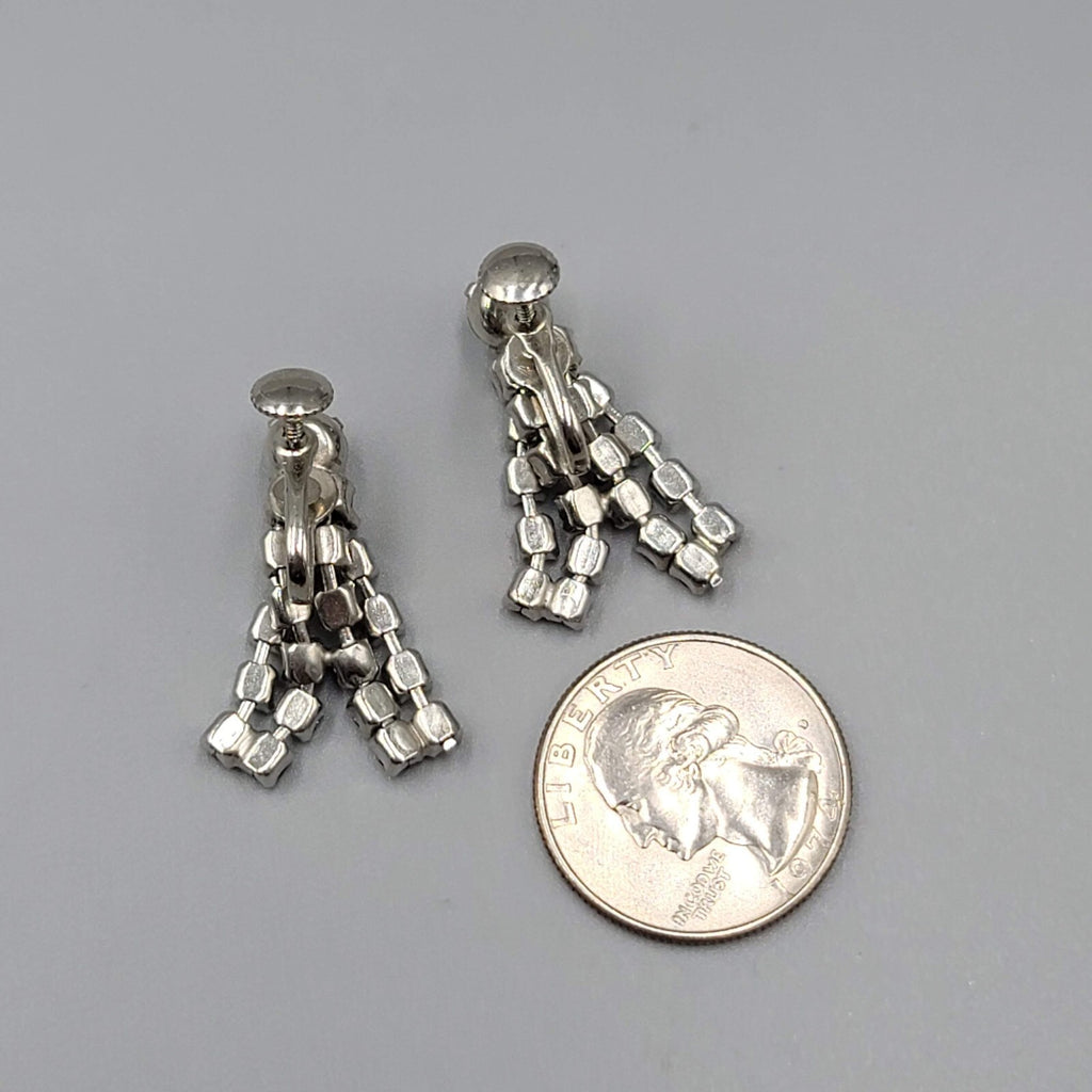 Vintage Rhinestone Clip on Earrings Silver tone Wrapped Dangle Screw Back 1 1/8"