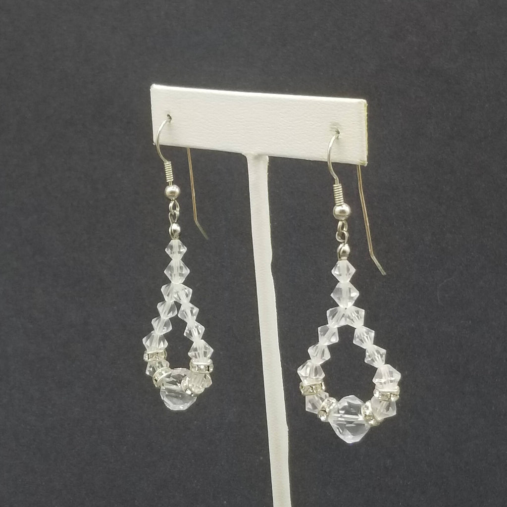 Pierced Earrings Silver tone Faceted Crystal Bead Loop Statement Dangle 1 5/8"