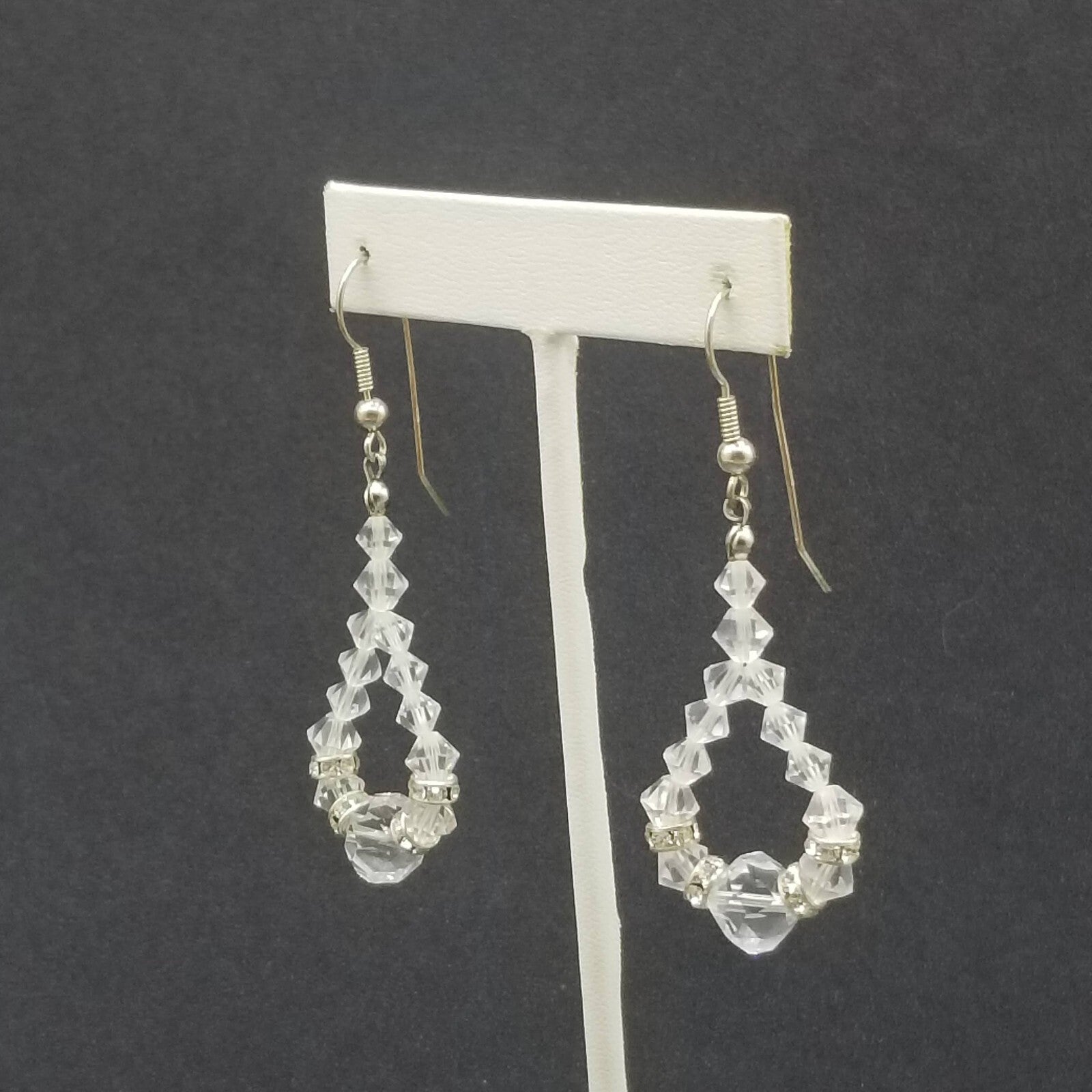 Pierced Earrings Silver tone Faceted Crystal Bead Loop Statement Dangle 1 5/8"