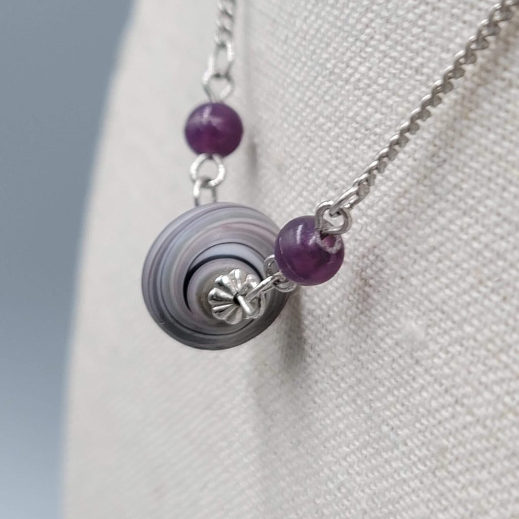 Vintage Sarah Cov Choker Necklace Silver tone Purple Gray Swirl Bead 14" 16"