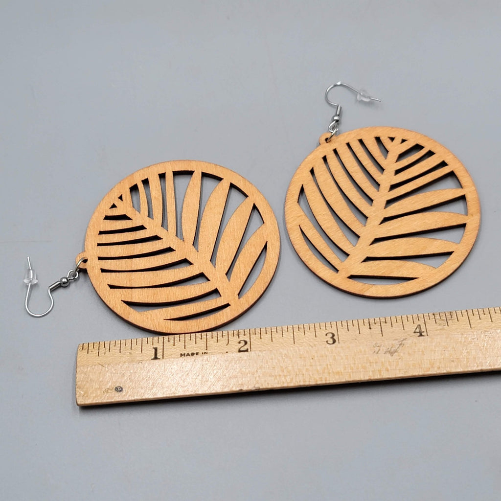 Wood Cut Large Boho Pierced Earrings Silver tone Dangle 2.5 in