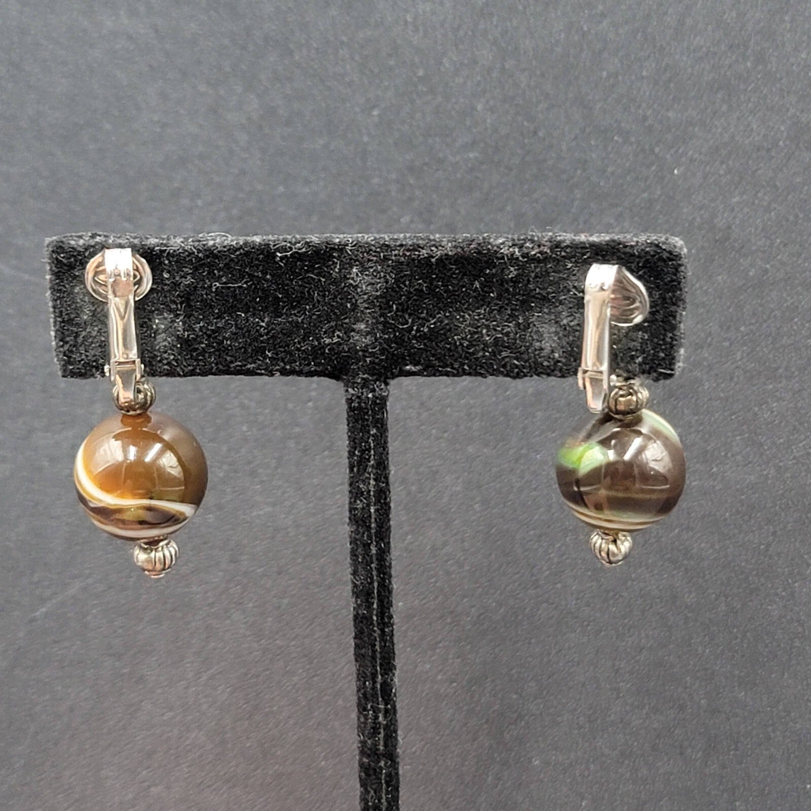 Clip on Earrings Silver tone Slag Glass Marble Bead Dangle 1"
