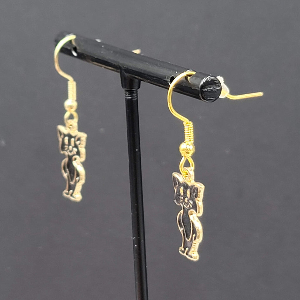 Cat Pierced Earrings Gold tone Black Enamel Dangle 3/4"