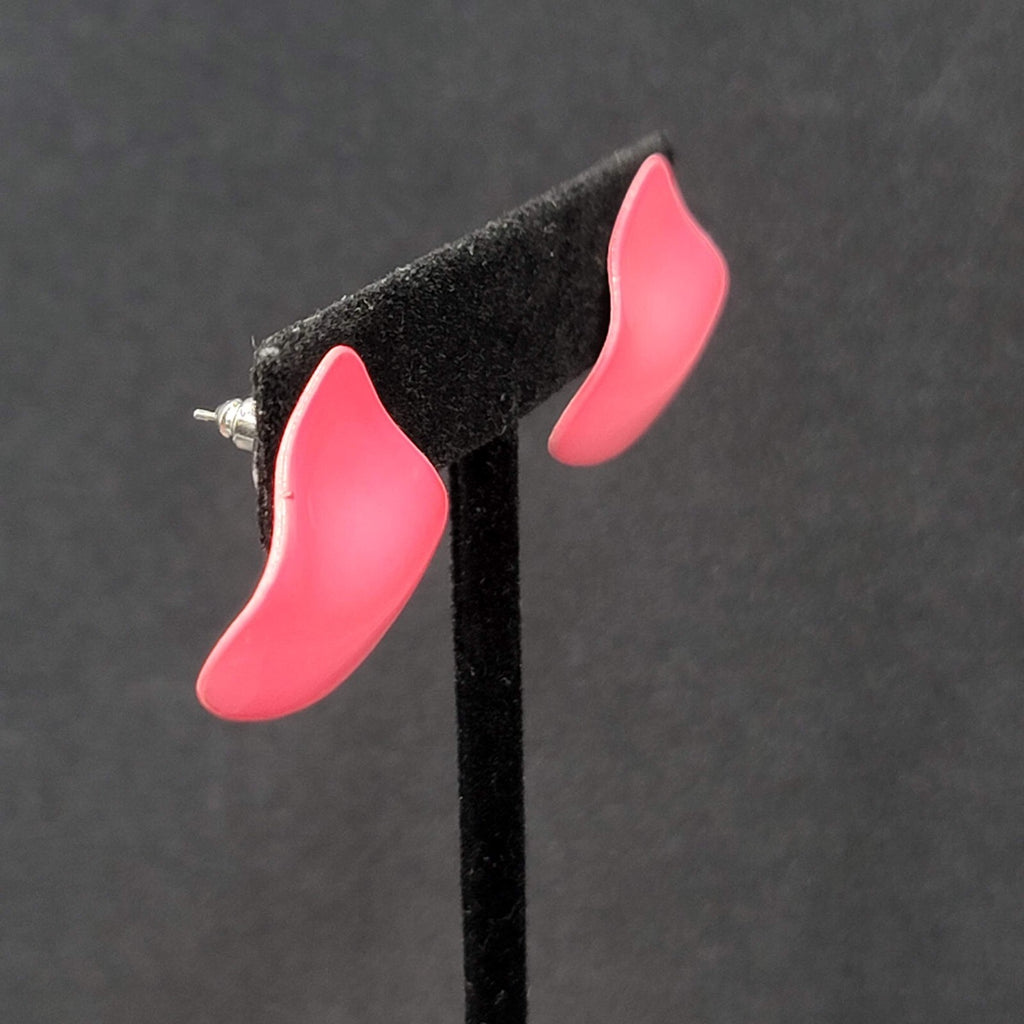 Vintage Pierced Earrings Pink Enamel Triangle Drop 1"