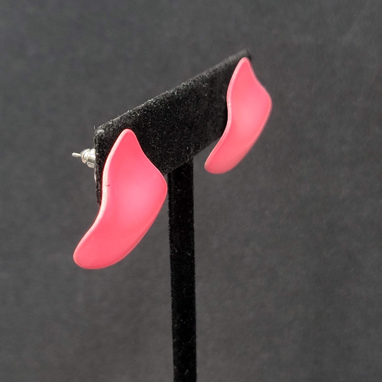 Vintage Pierced Earrings Pink Enamel Triangle Drop 1"