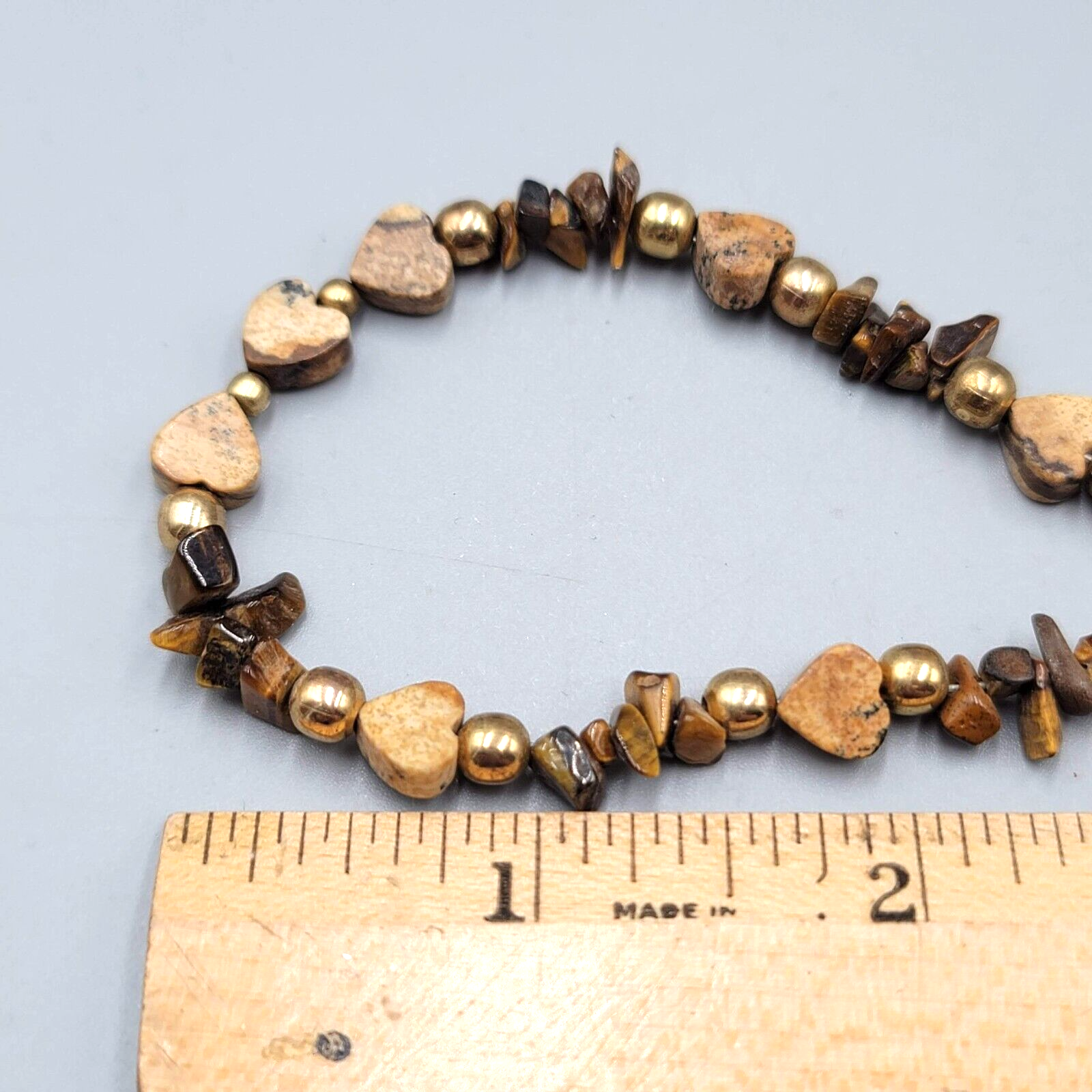 Agate Stone Heart Bead Necklace Gold tone Tigers Eye 18"