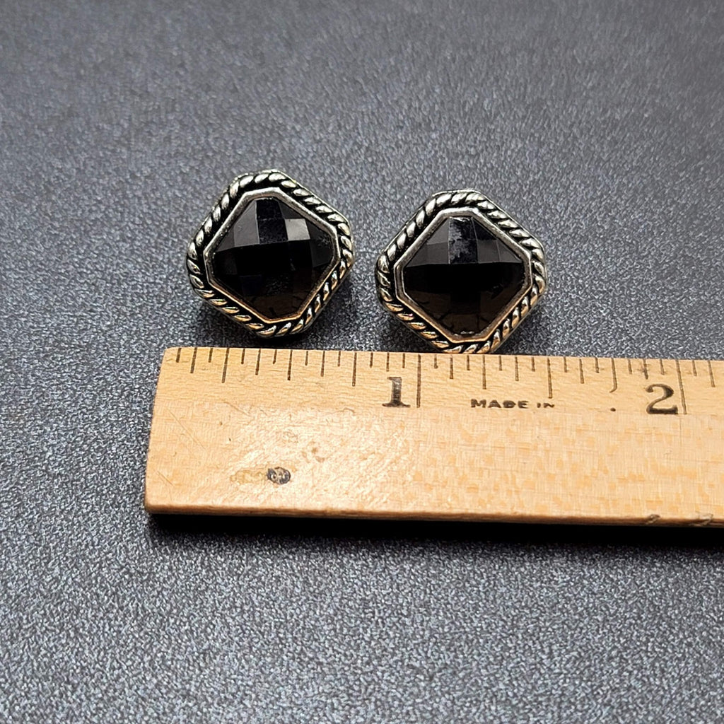 Clip on Earrings Silver tone Black Faceted Square Studs 5/8"