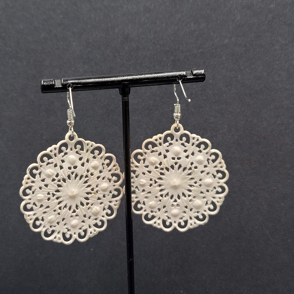 Pierced Earrings White Enamel Rhinestone Medallion Open Work 1.75"