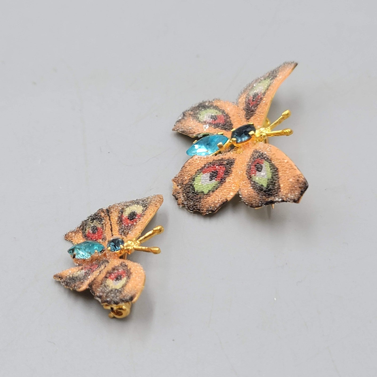 Vintage Butterfly Brooch Flocked Enamel Set of 2 