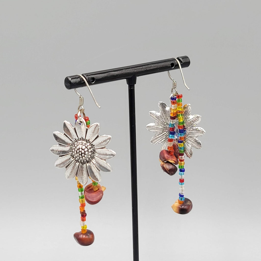 Flower Pierced Earrings Seed Beads Silver tone Dangle 2.25"