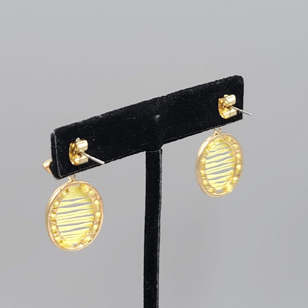 Pineapple Pierced Earrings Gold tone Green Rhinestone Yellow Thread Dangle 1.25"