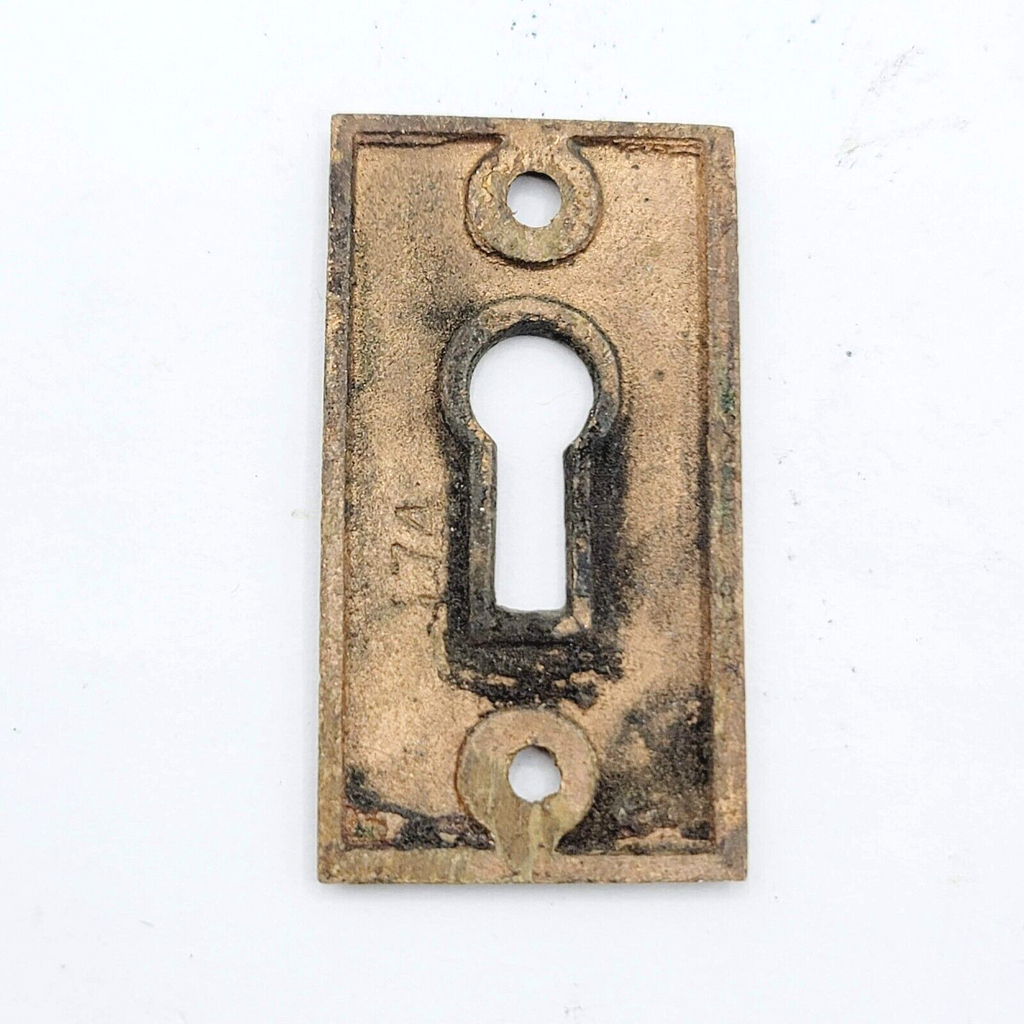 Vintage Brass Rectangle Skeleton Key hole Escutcheon Salvage 1 7/8" x 1"