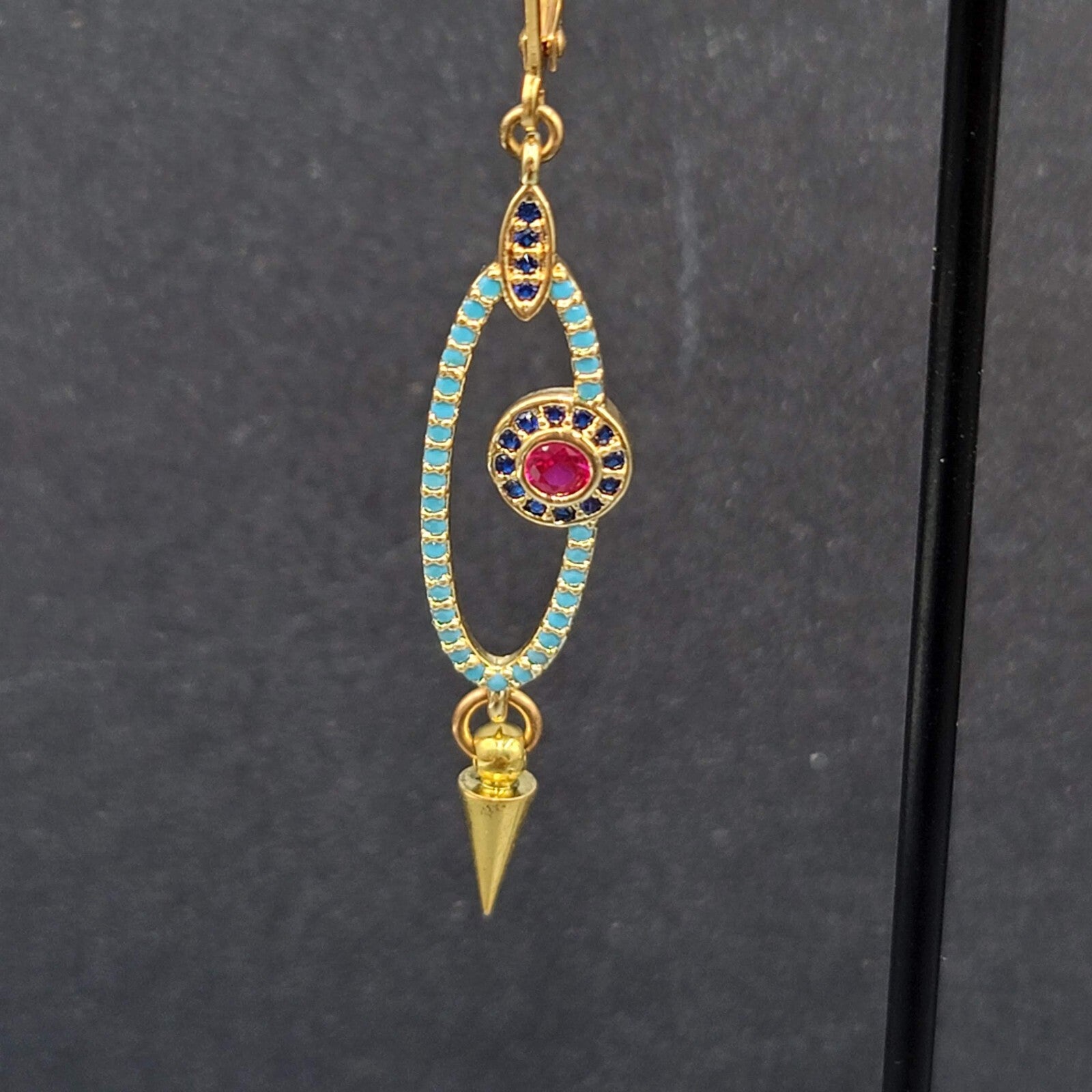 Pierced Earrings Gold tone Blue Pink Crystals Evil Eye Dangle 1 5/8"