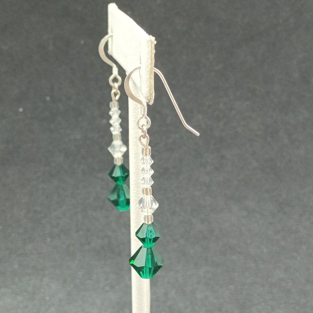 Pierced Earrings Silver tone Hook Faceted Clear Green Beaded Dangle 1 1/4"
