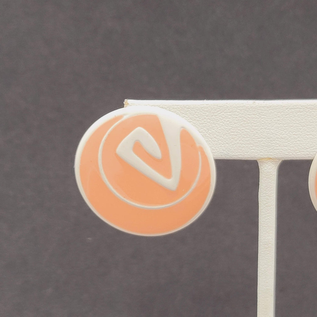 Vintage Pierced Earrings Peach White Enamel over Metal Round Drop 1.25"