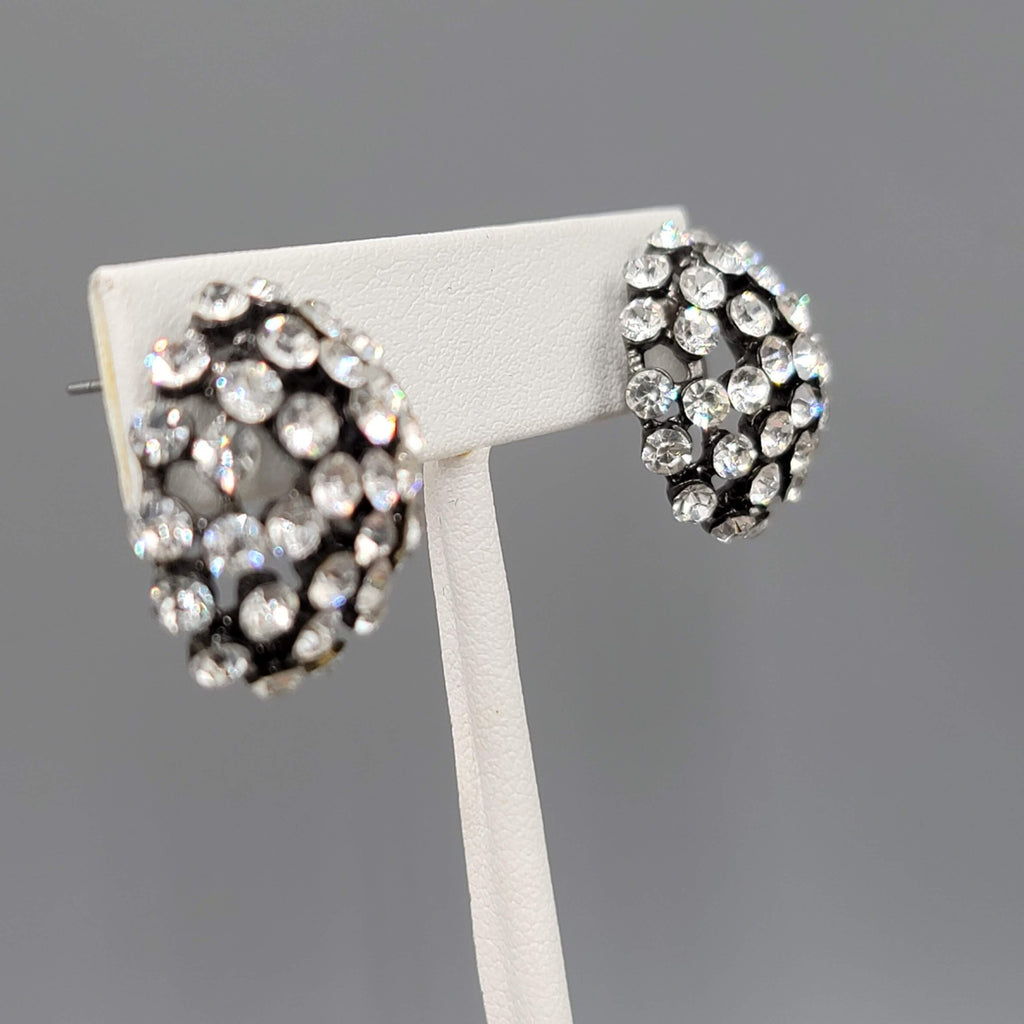 Crystal Dome Pierced Earrings Black Metal Drop 7/8 in
