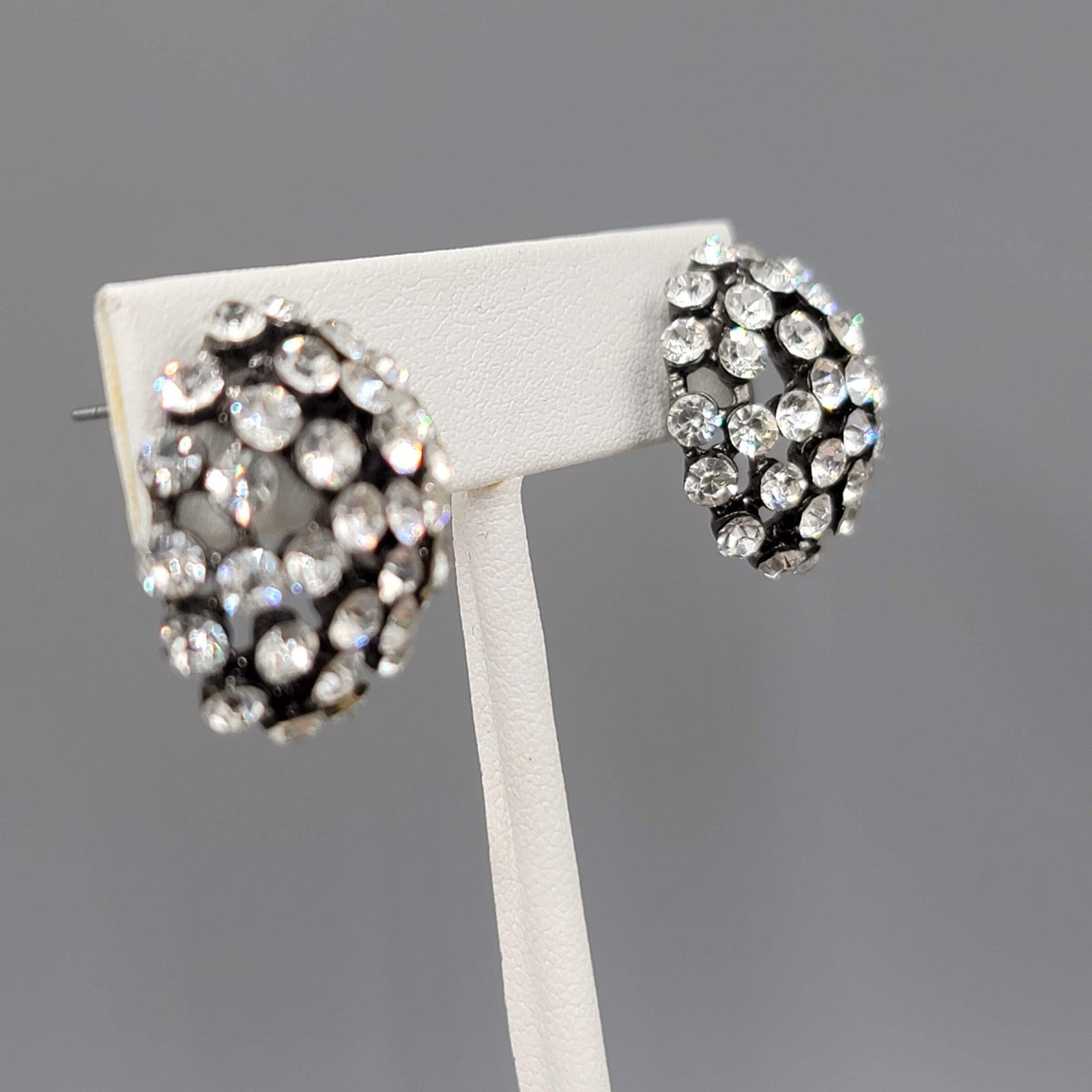 Crystal Dome Pierced Earrings Black Metal Drop 7/8 in