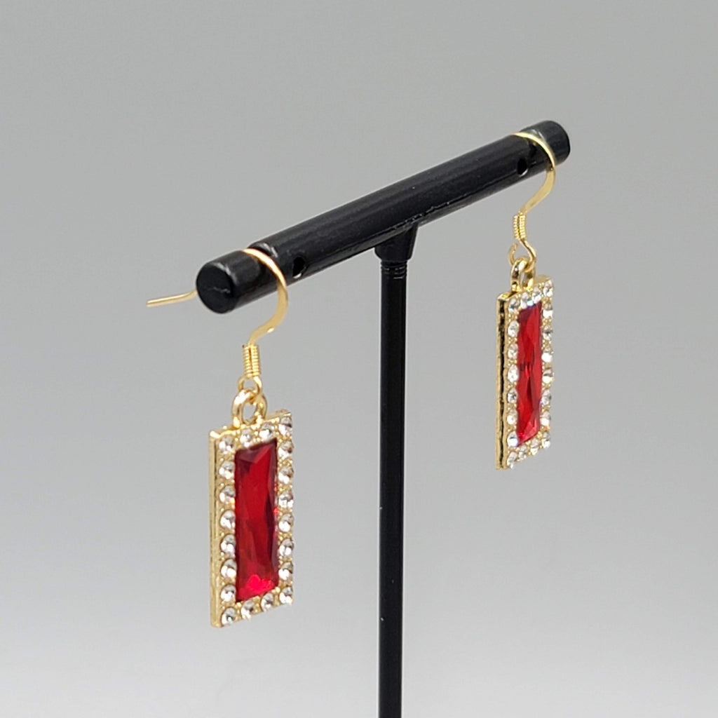 Red Rhinestone Rectangle Pierced Earrings Gold tone Dangle 7/8"