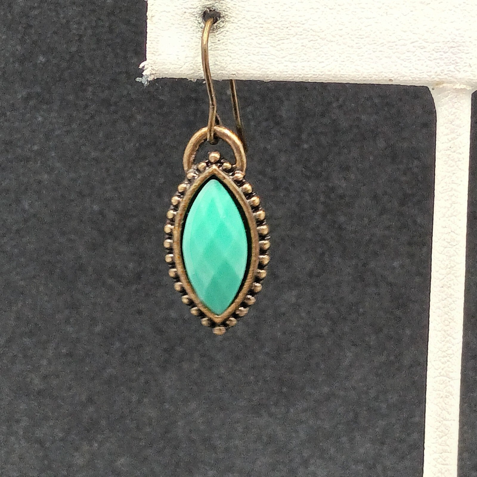 Pierced Earrings Antiqued Gold tone Faceted Faux Turquoise Acrylic Dangle 3/4"