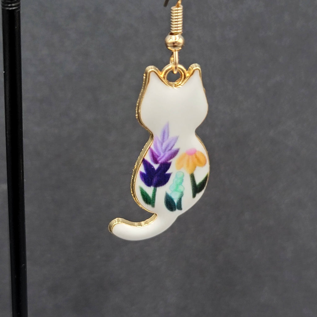 Pierced Earrings Gold tone Cat White Enamel Flowers Dangle 1.25"