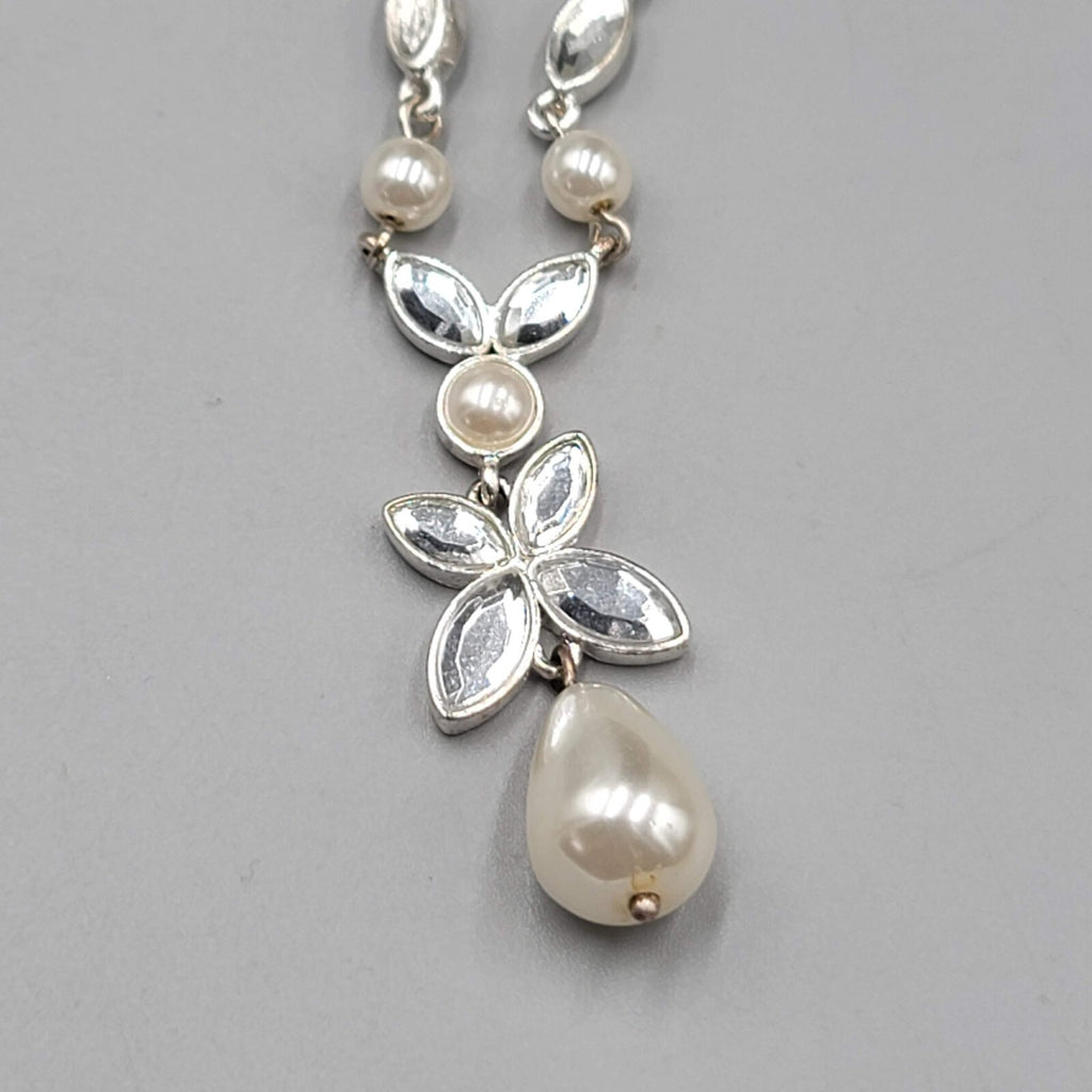 Napier Y Drop Necklace White Bead Silver tone 18"
