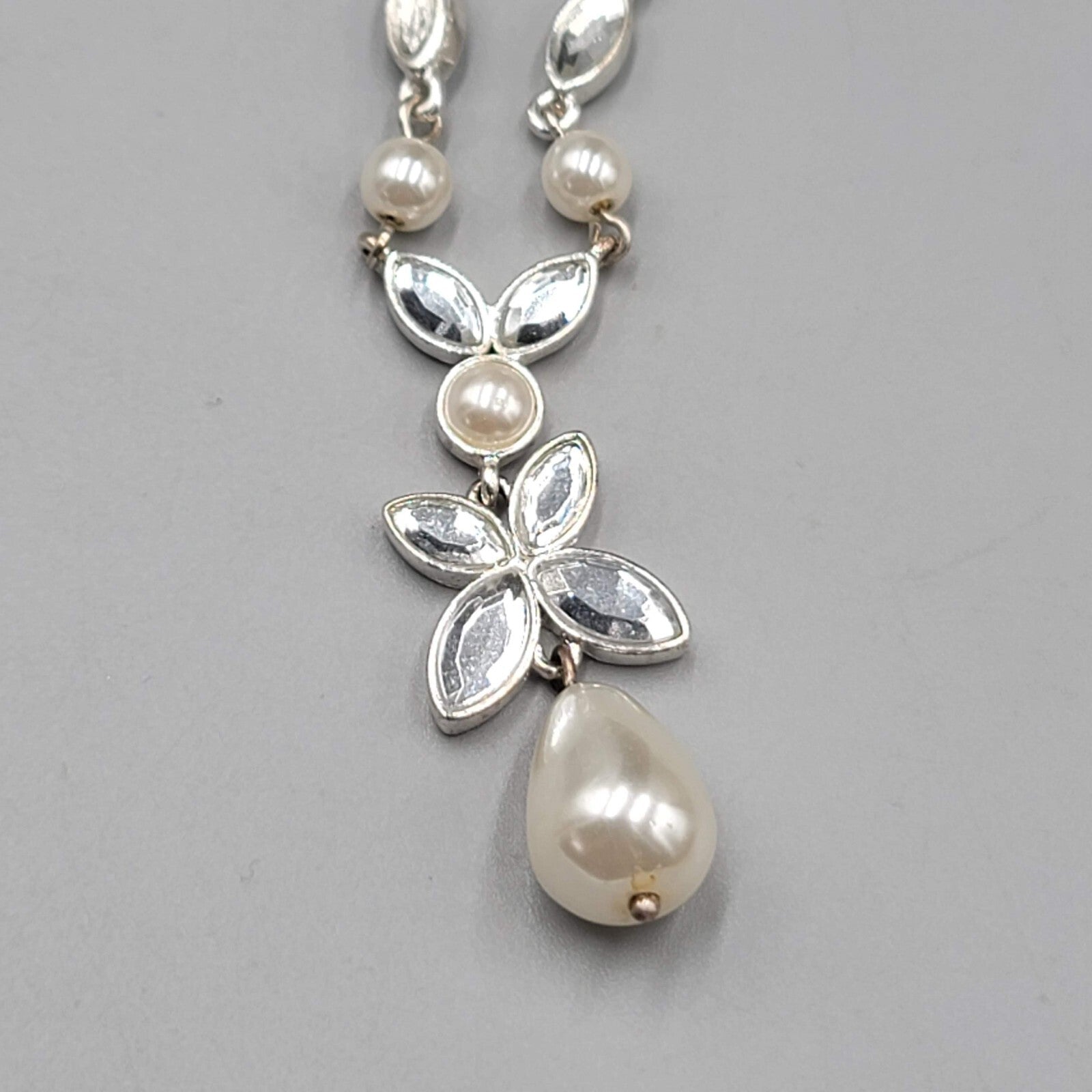 Napier Y Drop Necklace White Bead Silver tone 18"