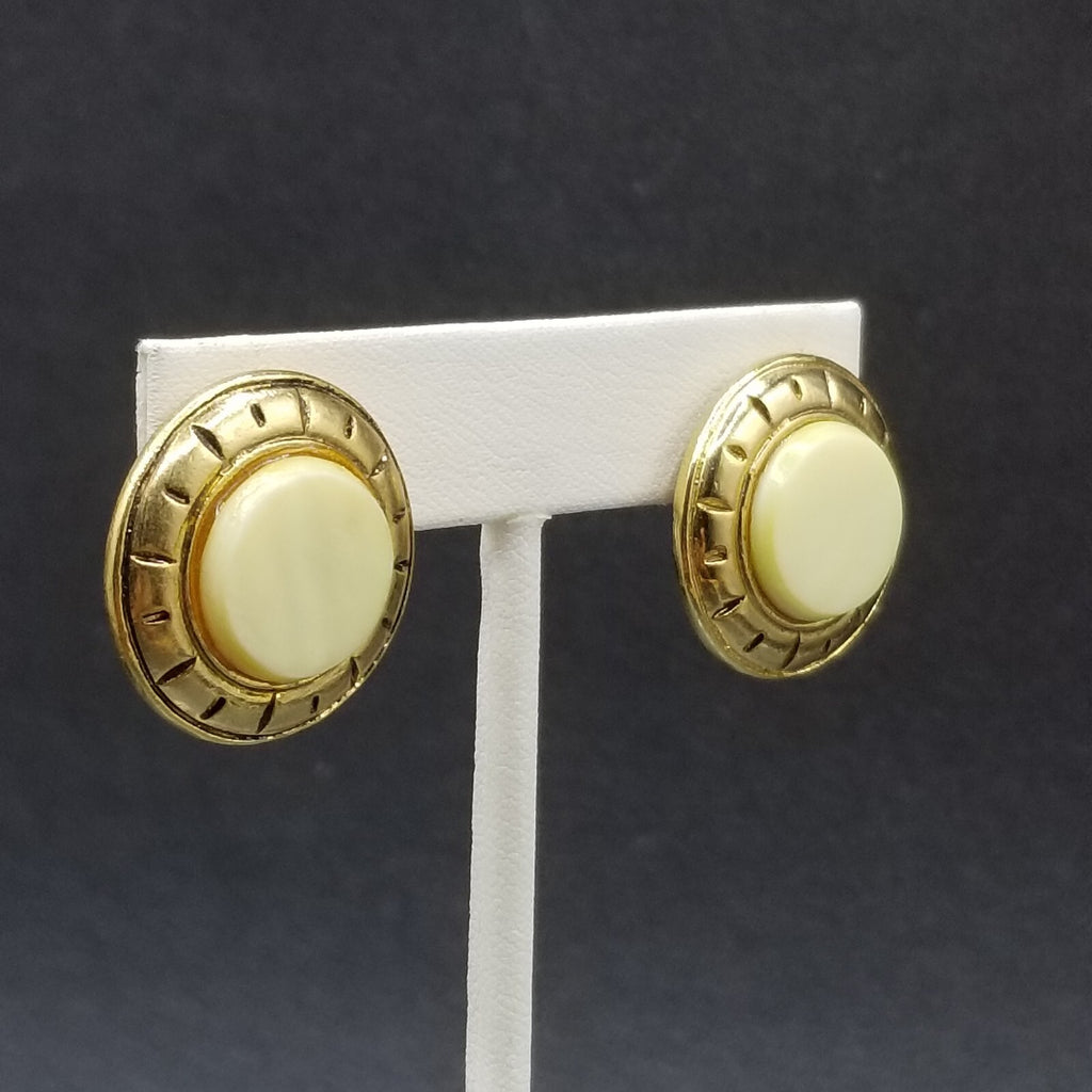 Vintage Clip on Earrings Gold tone Cabochon Button Style Stud 1"