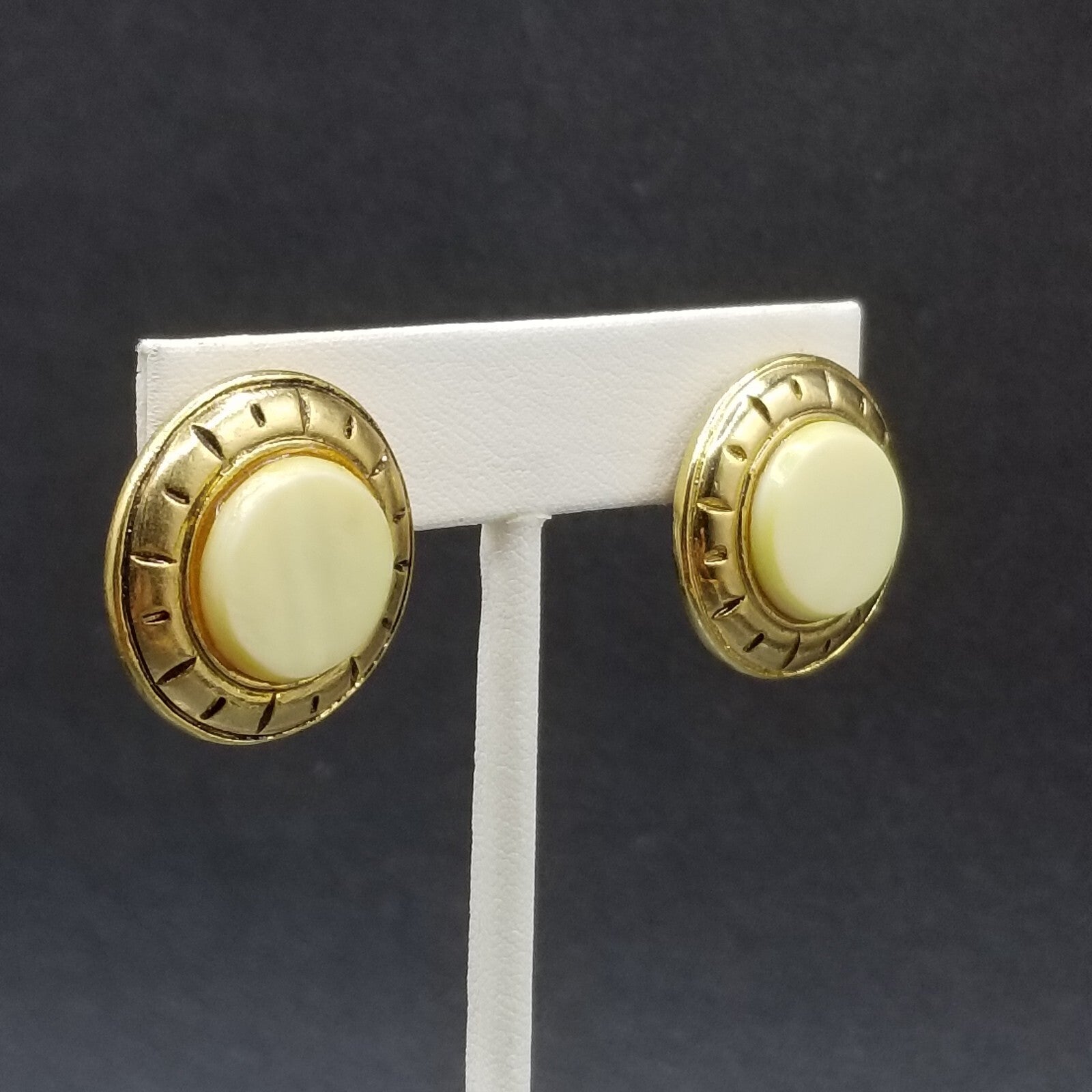 Vintage Clip on Earrings Gold tone Cabochon Button Style Stud 1"