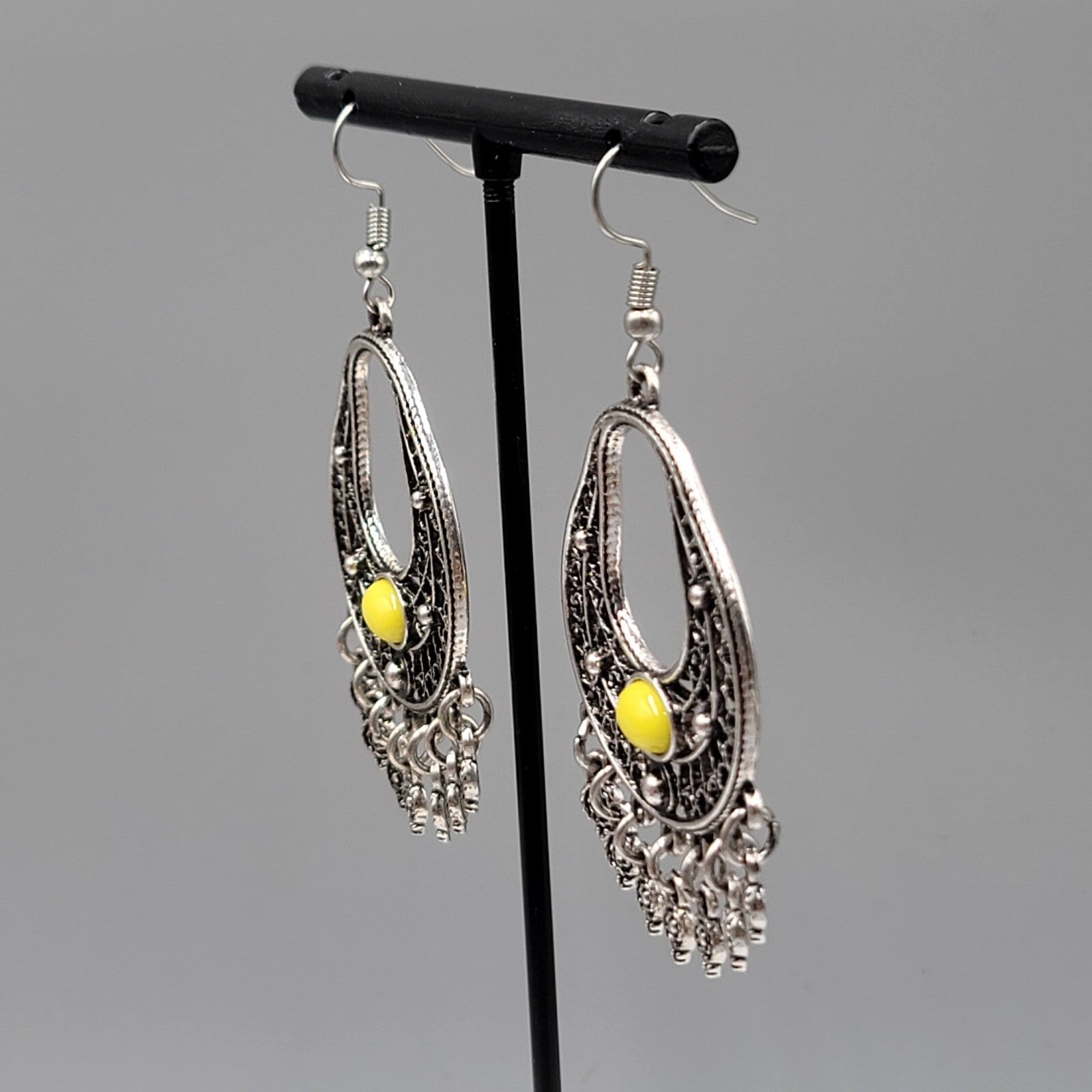 Chandelier Pierced Earrings Silver tone Yellow Accent Dangle 2"