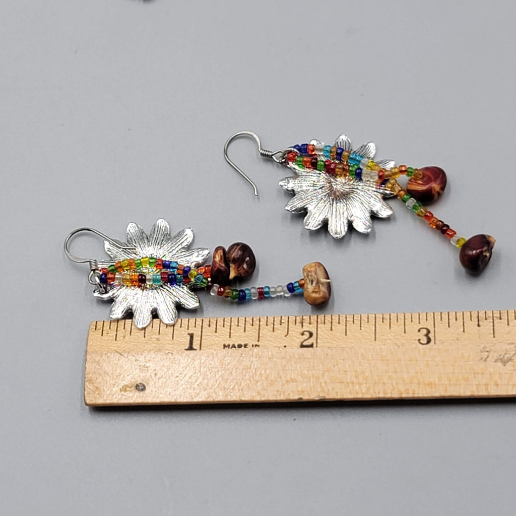 Flower Pierced Earrings Seed Beads Silver tone Dangle 2.25"