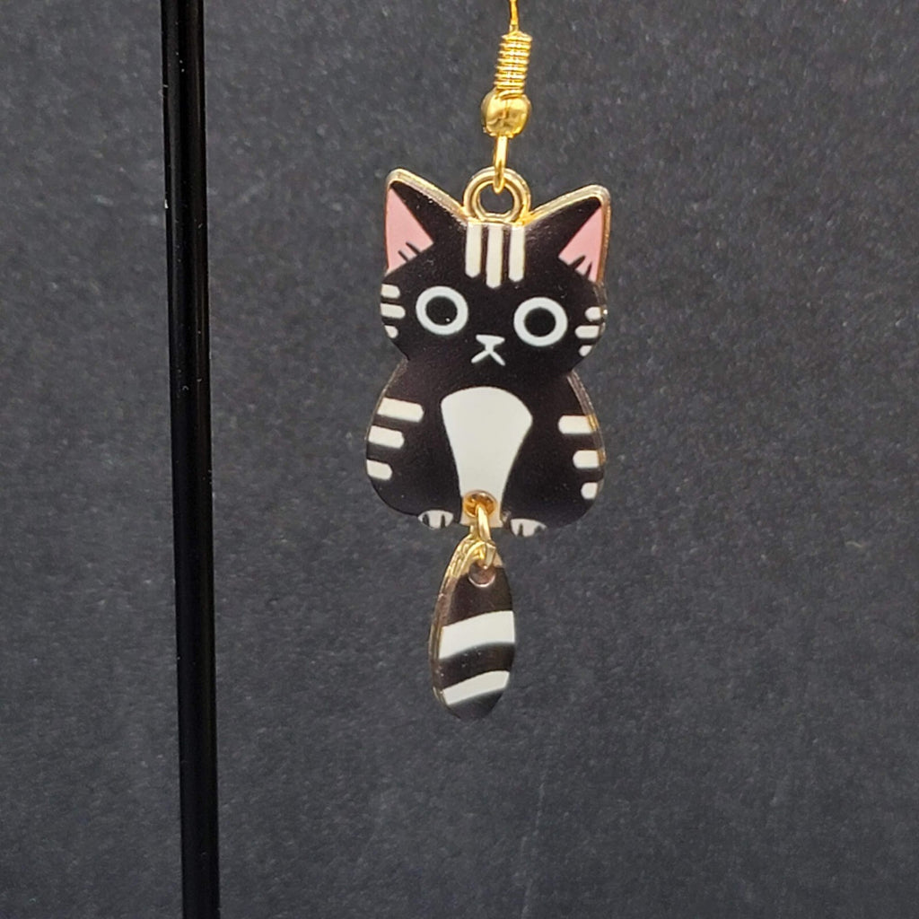 Black Tabby Kitty Cat Pierced Earrings Gold tone Dangle Tail 1.5"