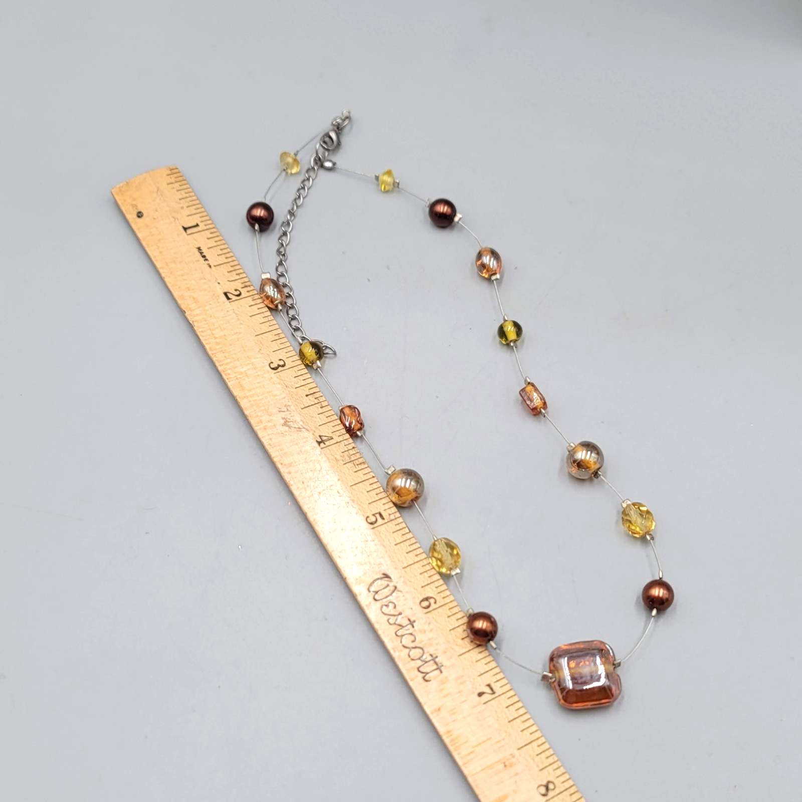 Multi color Glass Bead Station Necklace Silver tone Wire 16"-18"