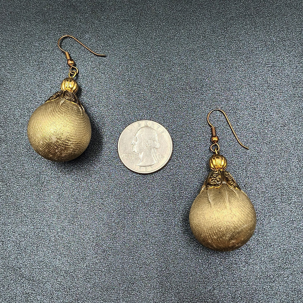 Pierced Earrings Gold tone Christmas Ornament Fabric Wrapped Ball Dangle 1 3/4"