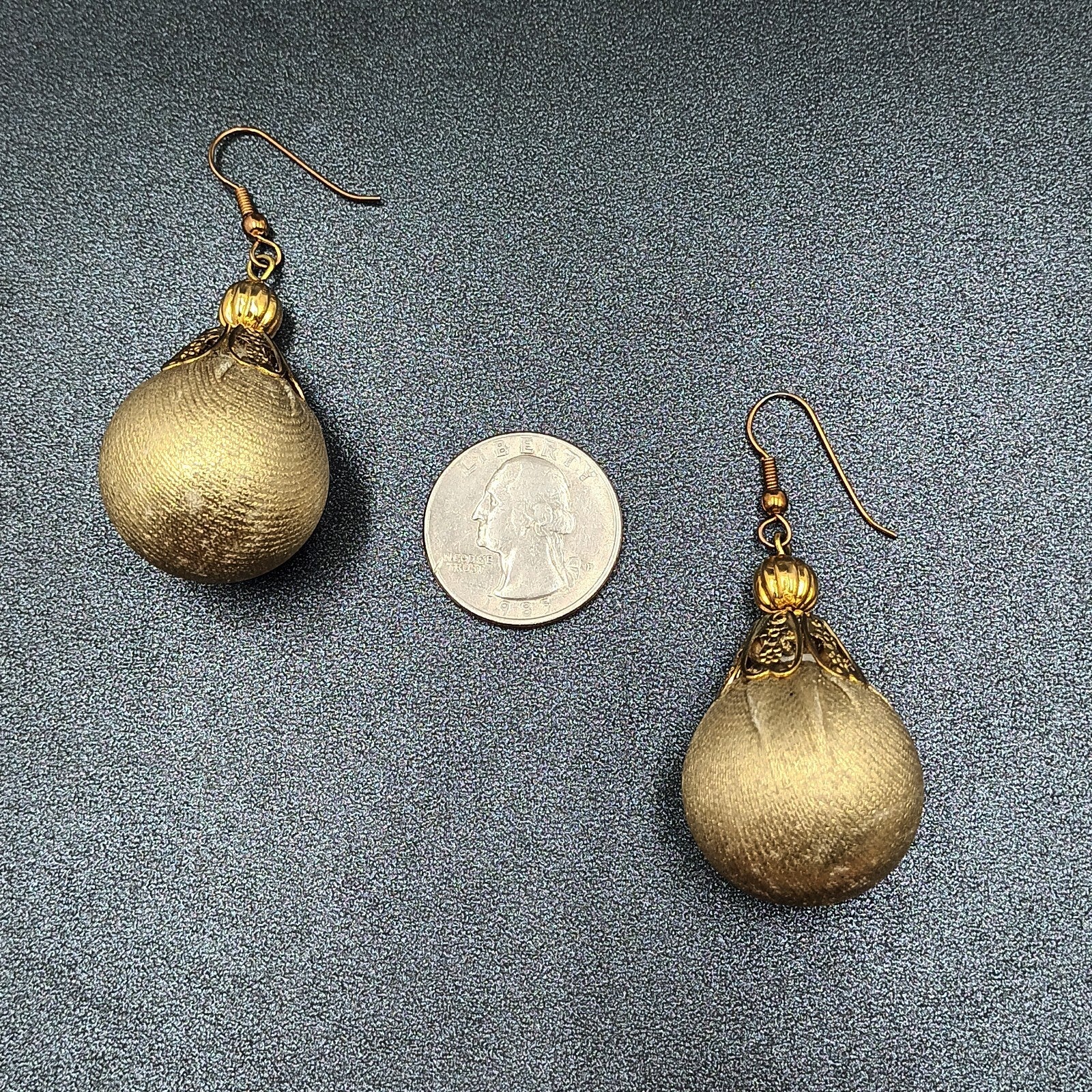 Pierced Earrings Gold tone Christmas Ornament Fabric Wrapped Ball Dangle 1 3/4"